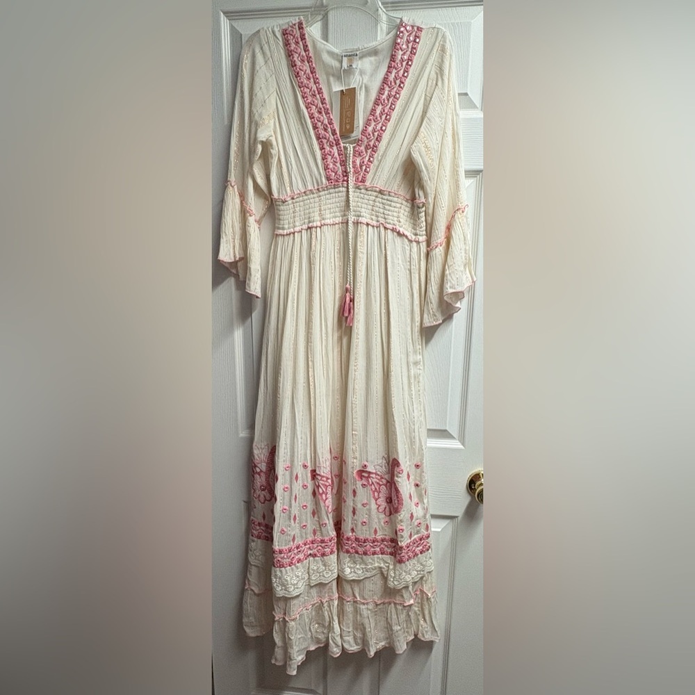 NWT Ananta Boho Maxi Dress In Pink W/ Metallic Shimmer Size Large/XL - Picture 2 of 7